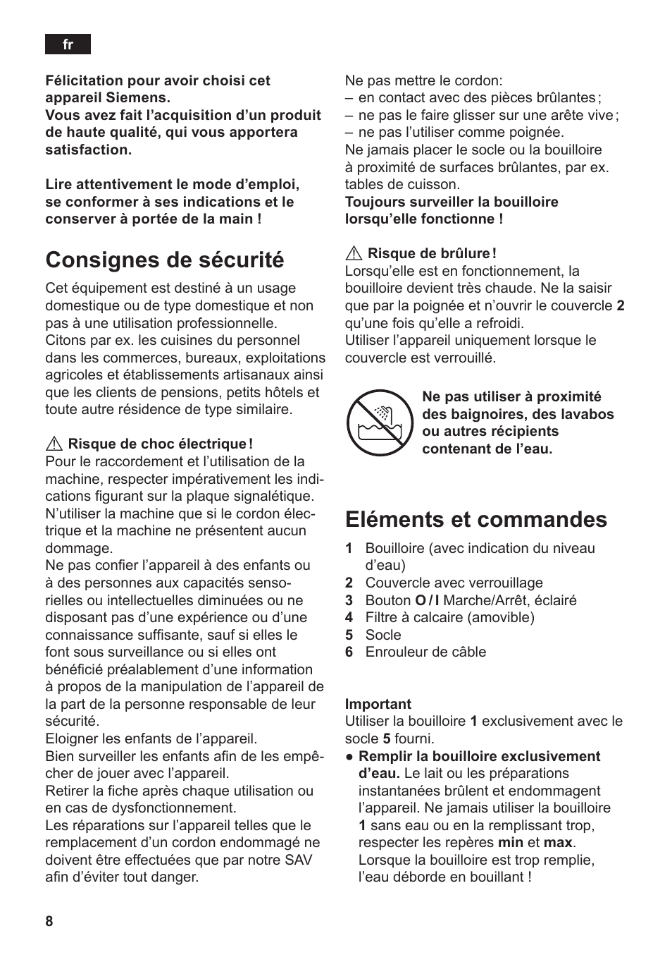 Consignes de sécurité, Eléments et commandes | Siemens TW3A0103 User Manual | Page 10 / 62