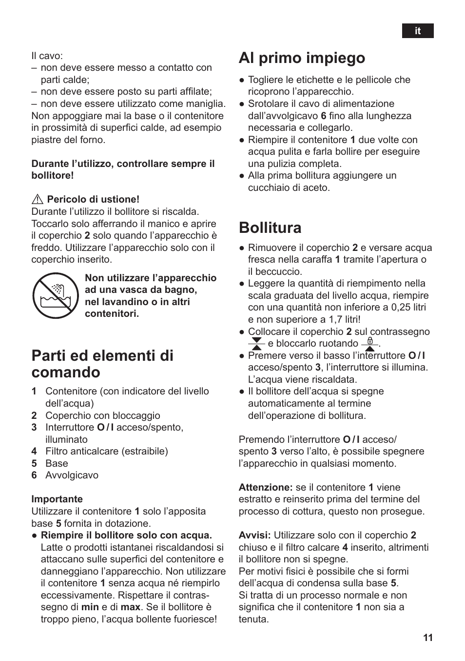 Parti ed elementi di comando, Al primo impiego, Bollitura | Siemens TW3A0103 User Manual | Page 13 / 62