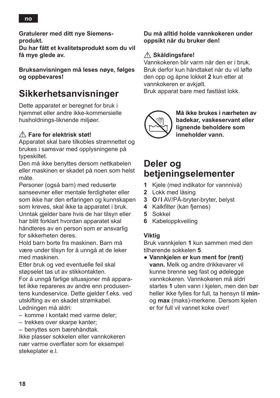 Sikkerhetsanvisninger, Deler og betjeningselementer | Siemens TW3A0103 User Manual | Page 20 / 62