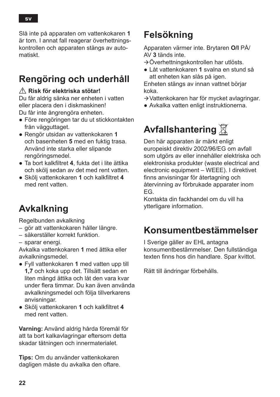 Rengöring och underhåll, Avkalkning, Felsökning | Avfallshantering, Konsumentbestämmelser | Siemens TW3A0103 User Manual | Page 24 / 62