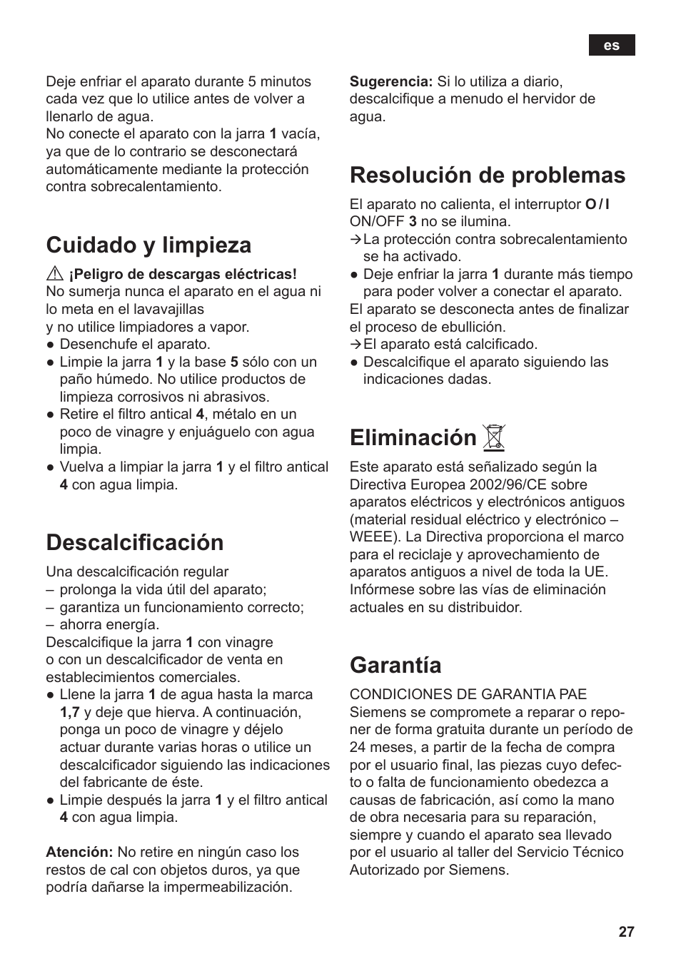 Cuidado y limpieza, Descalcificación, Resolución de problemas | Eliminación, Garantía | Siemens TW3A0103 User Manual | Page 29 / 62