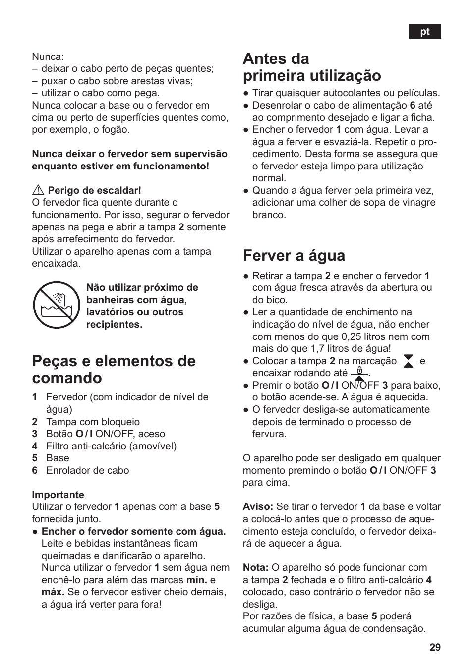 Peças e elementos de comando, Antes da primeira utilização, Ferver a água | Siemens TW3A0103 User Manual | Page 31 / 62