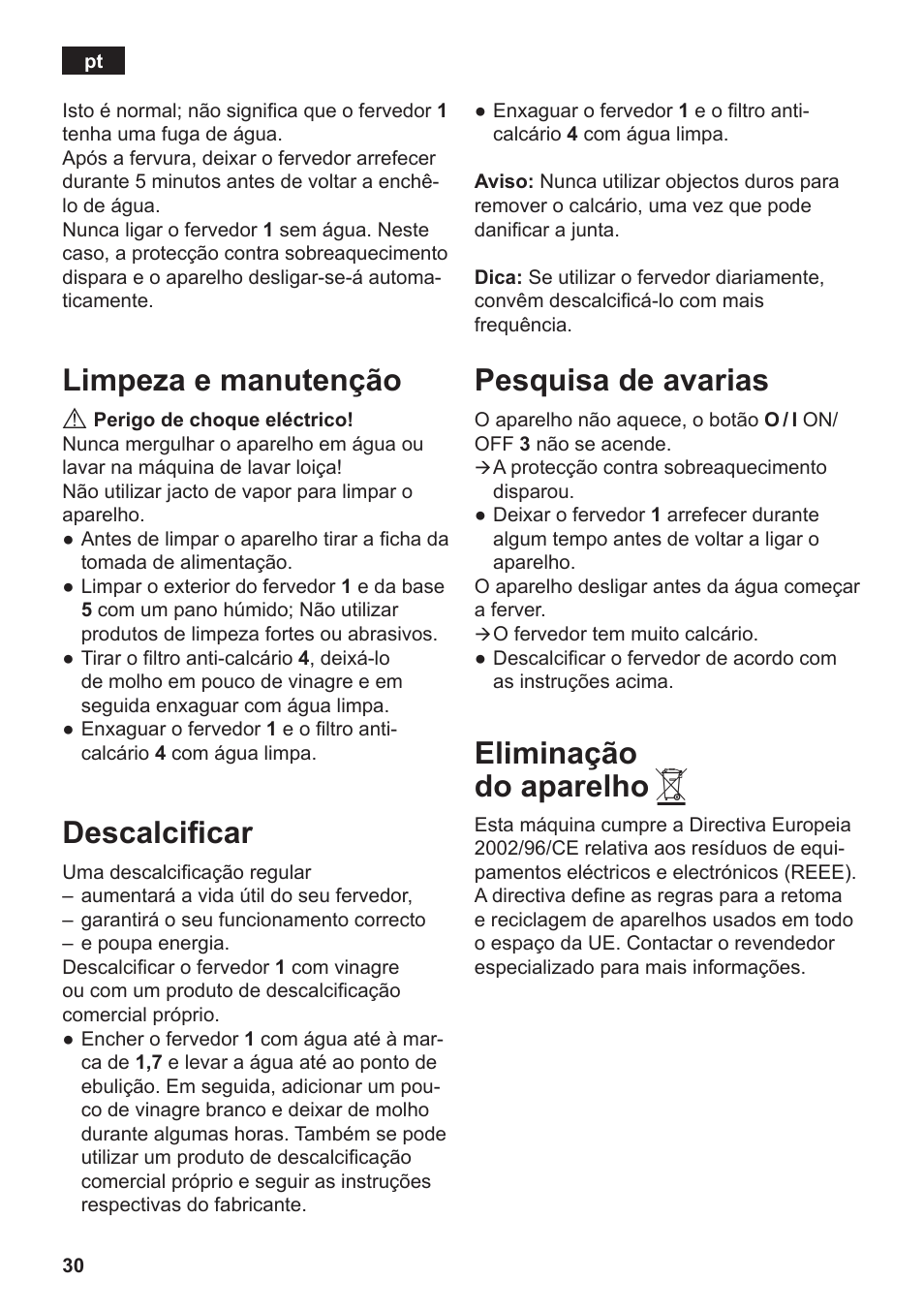 Limpeza e manutenção, Descalcificar, Pesquisa de avarias | Eliminação do aparelho | Siemens TW3A0103 User Manual | Page 32 / 62