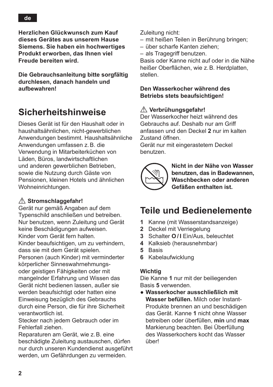 Sicherheitshinweise, Teile und bedienelemente | Siemens TW3A0103 User Manual | Page 4 / 62