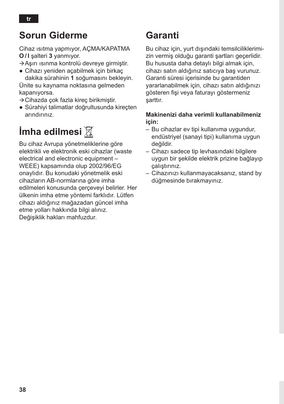 Sorun giderme, Imha edilmesi, Garanti | Siemens TW3A0103 User Manual | Page 40 / 62