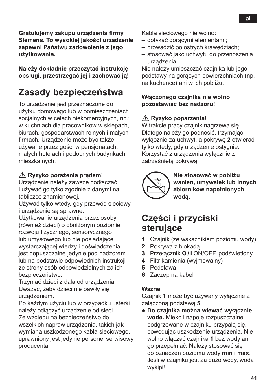 Zasady bezpieczeństwa, Części i przyciski sterujące | Siemens TW3A0103 User Manual | Page 43 / 62