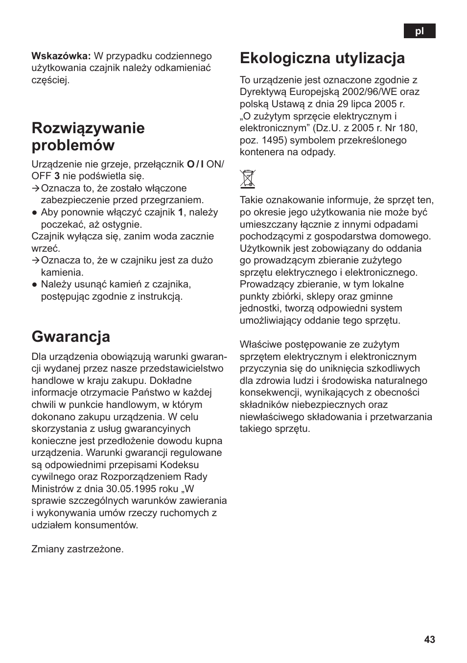 Ekologiczna utylizacja, Rozwiązywanie problemów, Gwarancja | Siemens TW3A0103 User Manual | Page 45 / 62