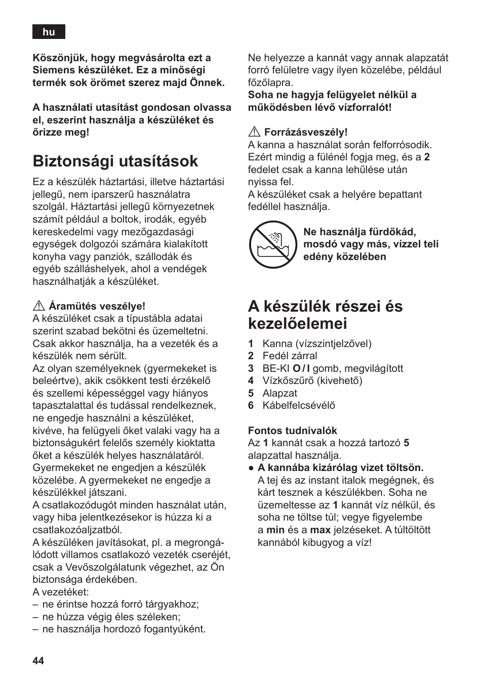 Biztonsági utasítások, A készülék részei és kezelőelemei | Siemens TW3A0103 User Manual | Page 46 / 62