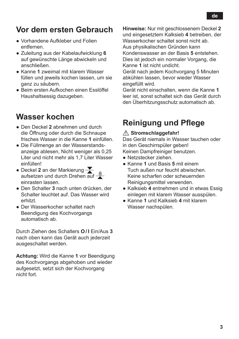 Reinigung und pflege, Vor dem ersten gebrauch, Wasser kochen | Siemens TW3A0103 User Manual | Page 5 / 62