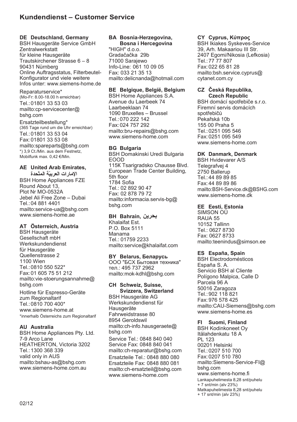 ﻦﻳﺮﺤﺑ, Kundendienst – customer service | Siemens TW3A0103 User Manual | Page 58 / 62