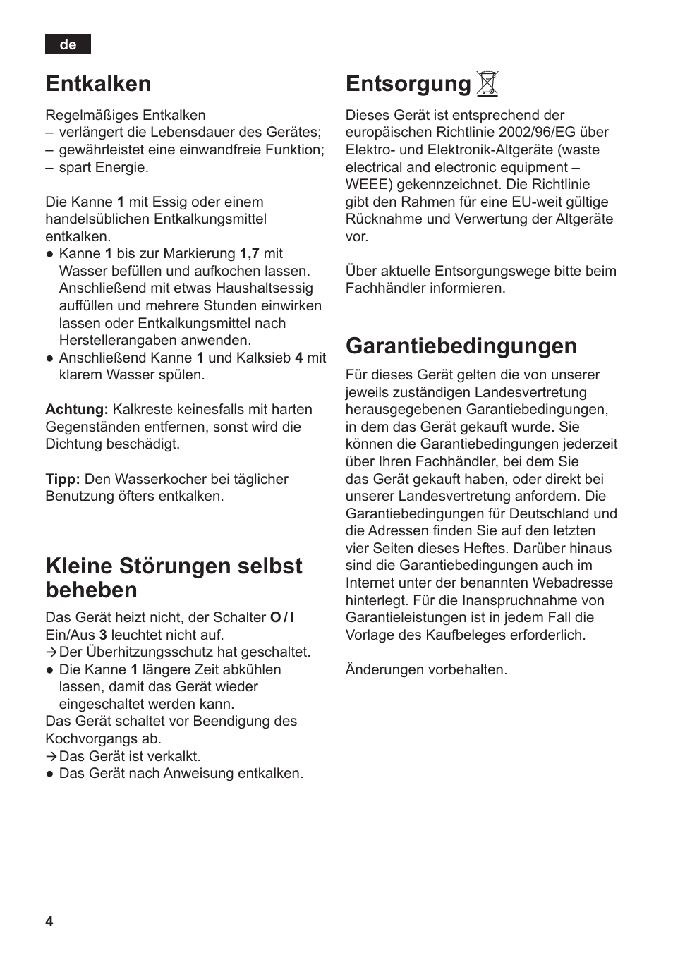 Entsorgung, Garantiebedingungen, Entkalken | Kleine störungen selbst beheben | Siemens TW3A0103 User Manual | Page 6 / 62