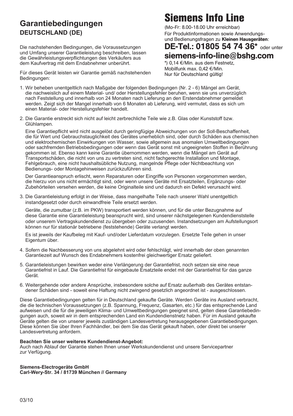 Siemens info line, Garantiebedingungen | Siemens TW3A0103 User Manual | Page 61 / 62