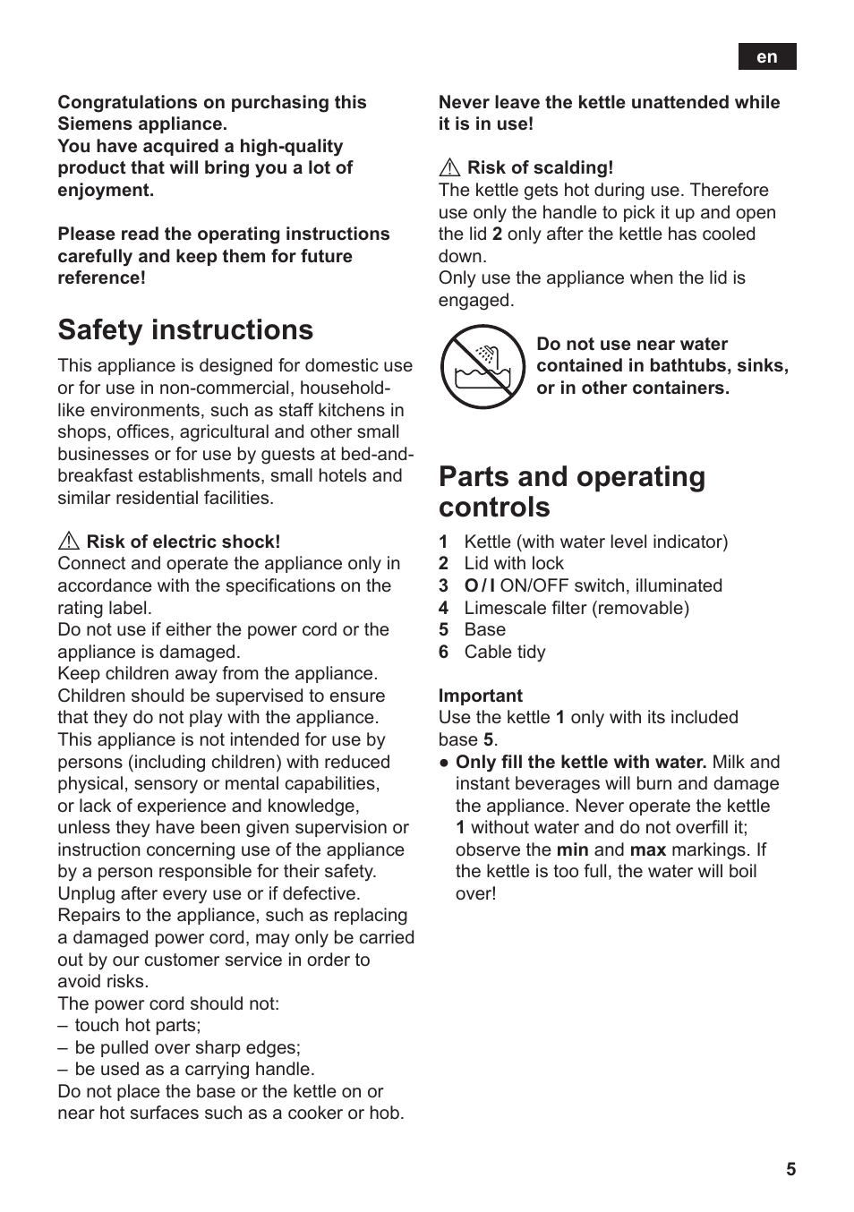 Safety instructions, Parts and operating controls | Siemens TW3A0103 User Manual | Page 7 / 62