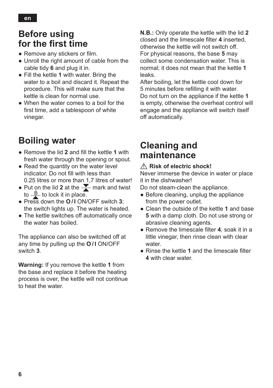 Cleaning and maintenance, Before using for the first time, Boiling water | Siemens TW3A0103 User Manual | Page 8 / 62