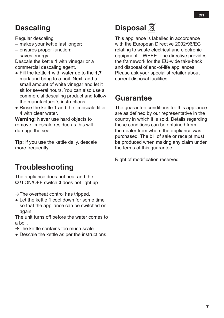 Disposal, Guarantee, Descaling | Troubleshooting | Siemens TW3A0103 User Manual | Page 9 / 62