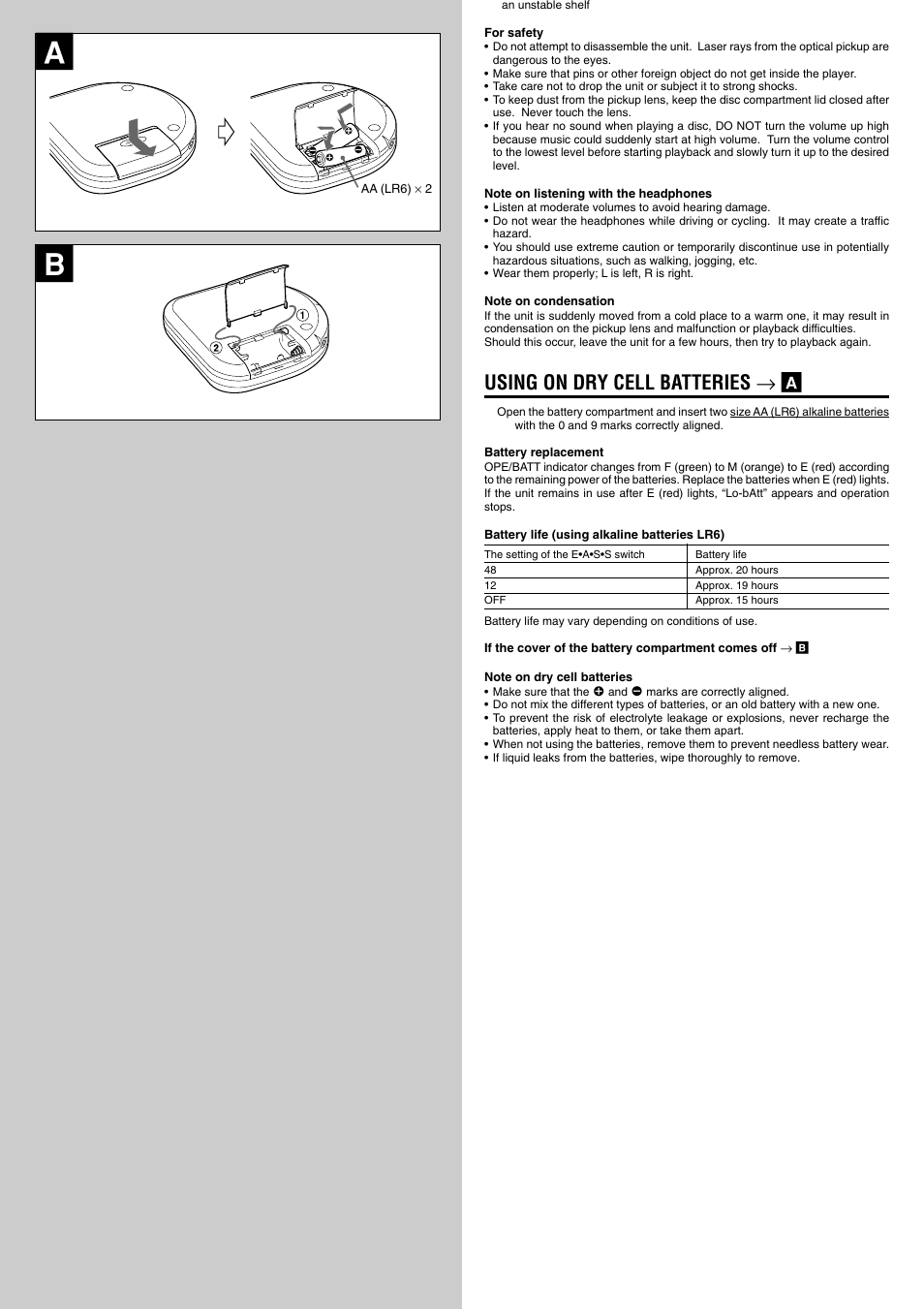 Using on dry cell batteries → a | Aiwa XP-R210 User Manual | Page 2 / 8