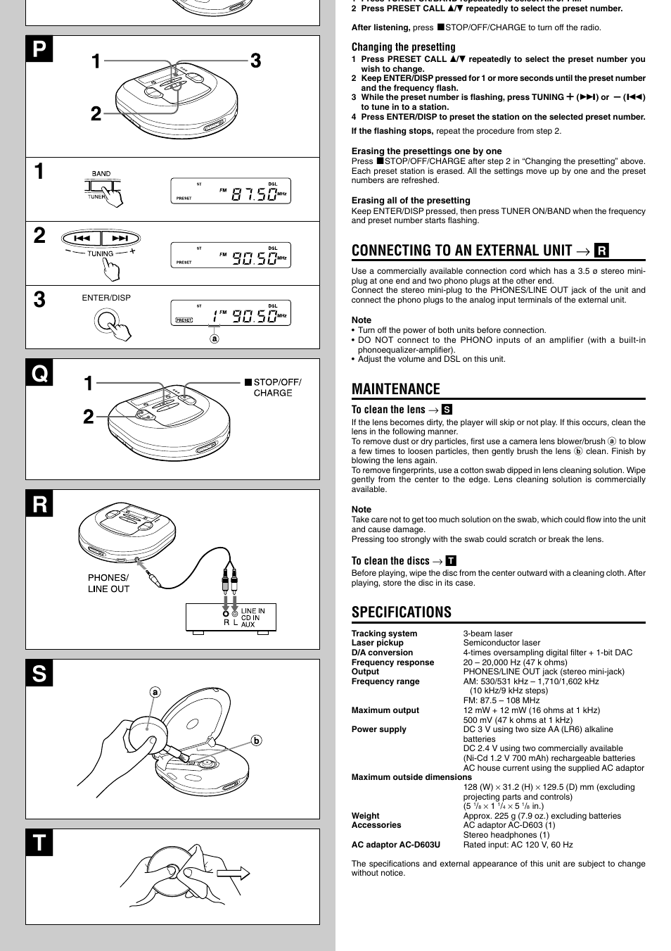 Rs t, Connecting to an external unit → r, Maintenance | Specifications | Aiwa XP-R210 User Manual | Page 8 / 8