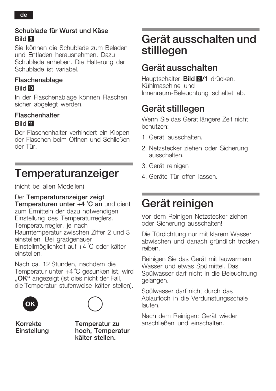 Temperaturanzeiger, Gerät ausschalten und stilllegen, Gerät reinigen | Gerät ausschalten, Gerät stilllegen | Siemens KF18RA60 User Manual | Page 10 / 64