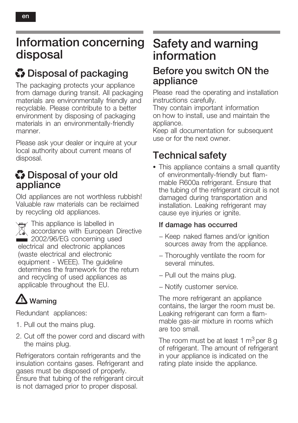 Information concerning disposal, Safety and warning information, Xdisposal of packaging | X disposal of your old appliance, Before you switch on the appliance, Technical safety | Siemens KF18RA60 User Manual | Page 14 / 64