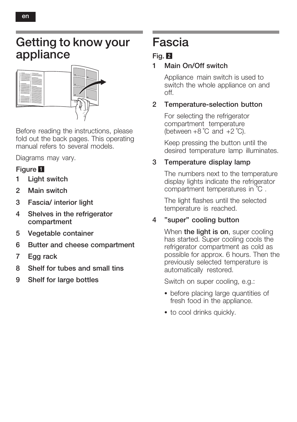 Getting to know your appliance, Fascia | Siemens KF18RA60 User Manual | Page 16 / 64