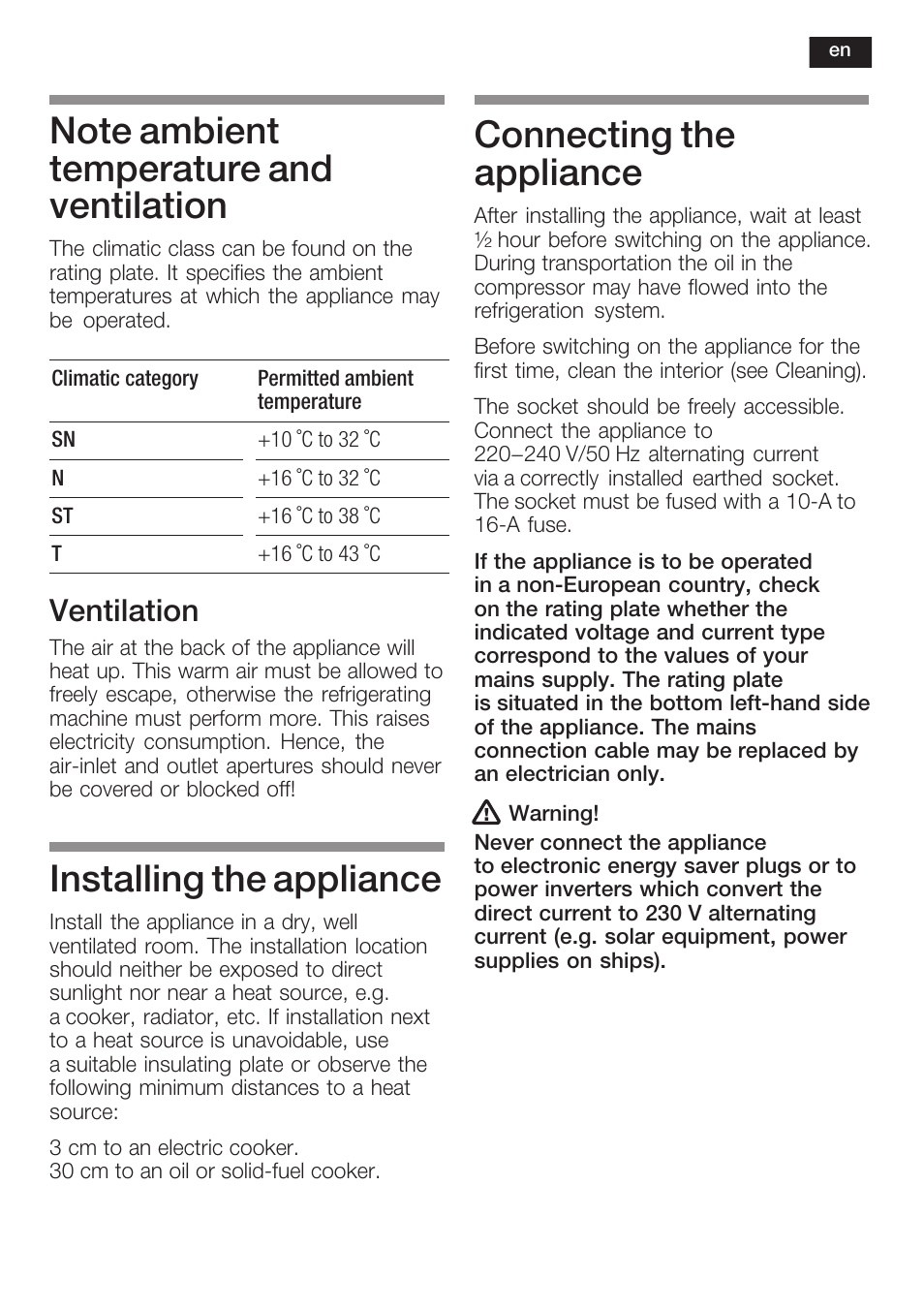 Installing the appliance, Connecting the appliance, Ventilation | Siemens KF18RA60 User Manual | Page 17 / 64