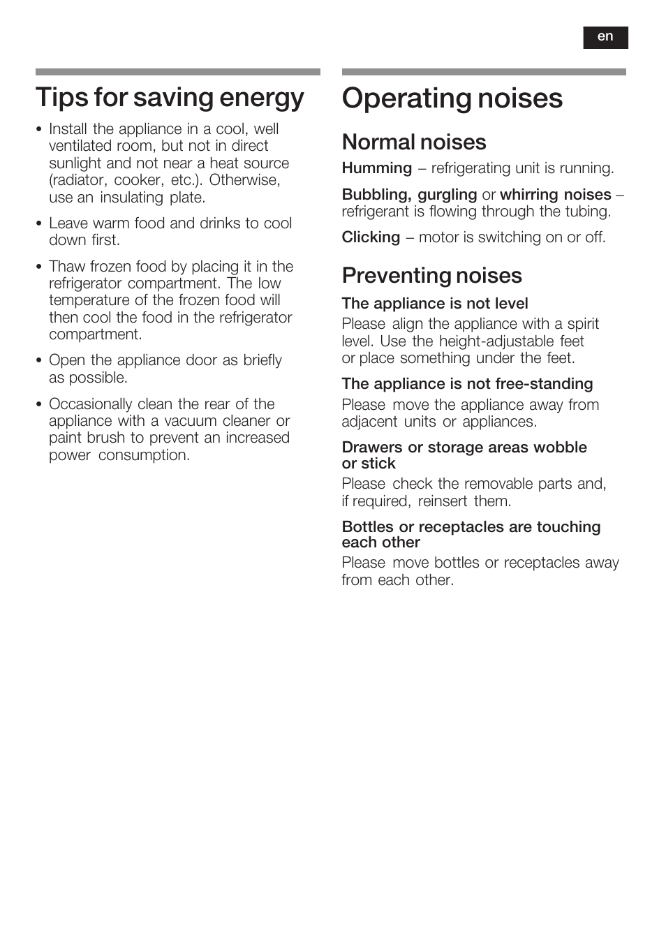 Operating noises, Tips for saving energy, Normal noises | Preventing noises | Siemens KF18RA60 User Manual | Page 21 / 64