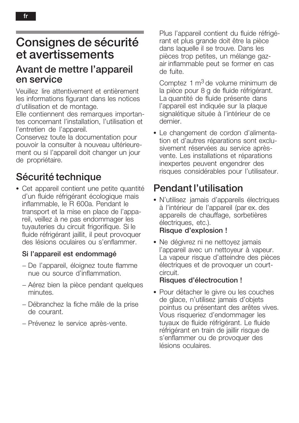Consignes de sécurité et avertissements, Avant de mettre l'appareil en service, Sécurité technique | Pendant l'utilisation | Siemens KF18RA60 User Manual | Page 26 / 64