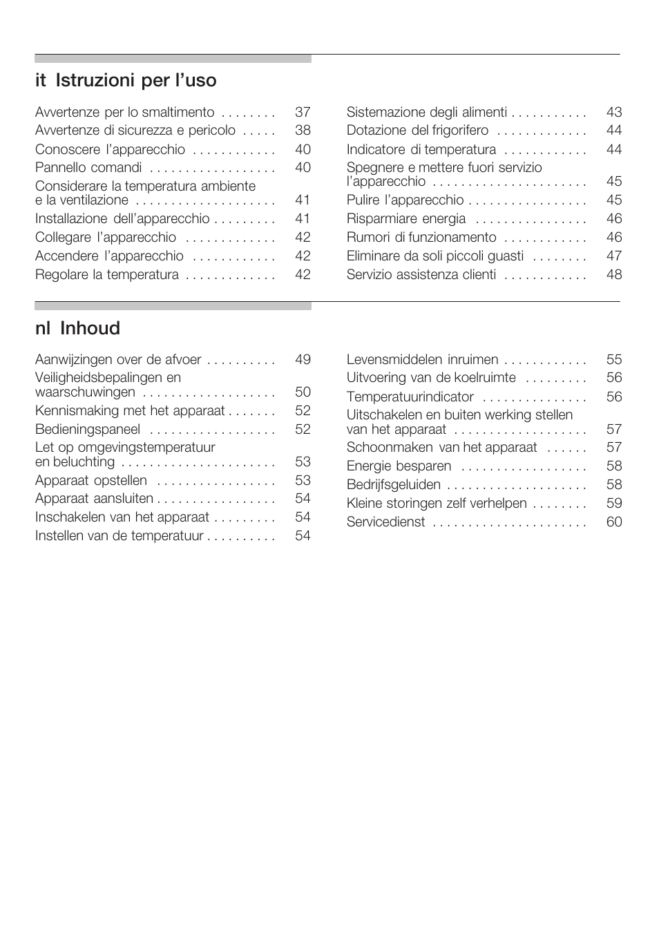Itąistruzioni per l'uso, Nląinhoud | Siemens KF18RA60 User Manual | Page 3 / 64