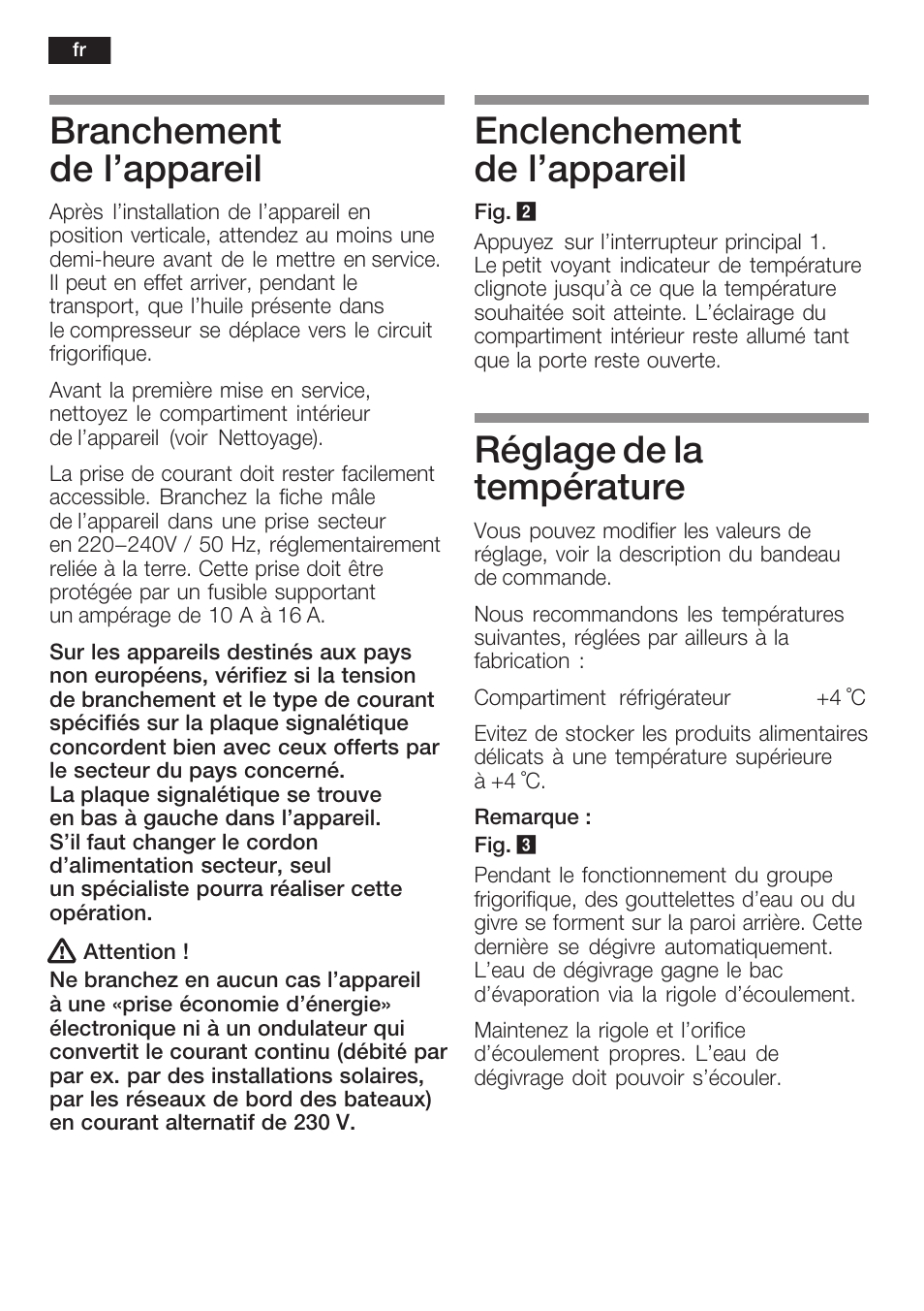 Branchement de l'appareil, Enclenchement de l'appareil, Réglage de la température | Siemens KF18RA60 User Manual | Page 30 / 64