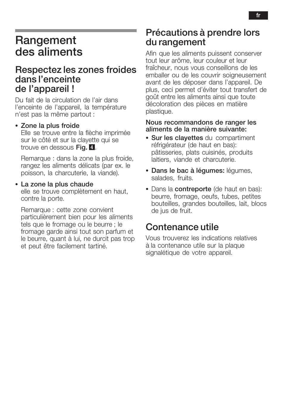 Rangement des aliments, Précautions à prendre lors du rangement, Contenance utile | Siemens KF18RA60 User Manual | Page 31 / 64