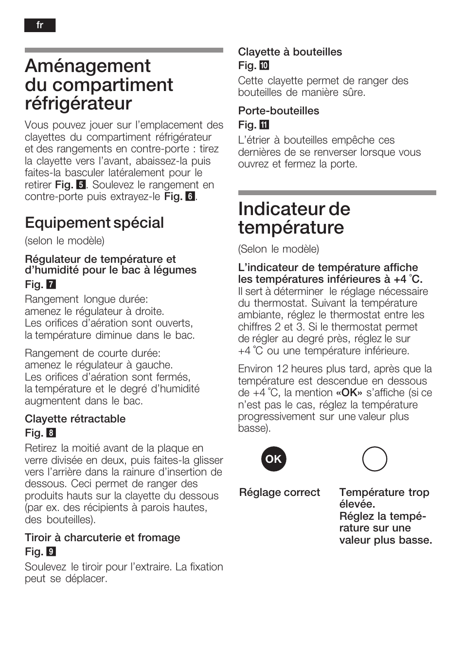 Aménagement du compartiment réfrigérateur, Indicateur de température, Equipement spécial | Siemens KF18RA60 User Manual | Page 32 / 64