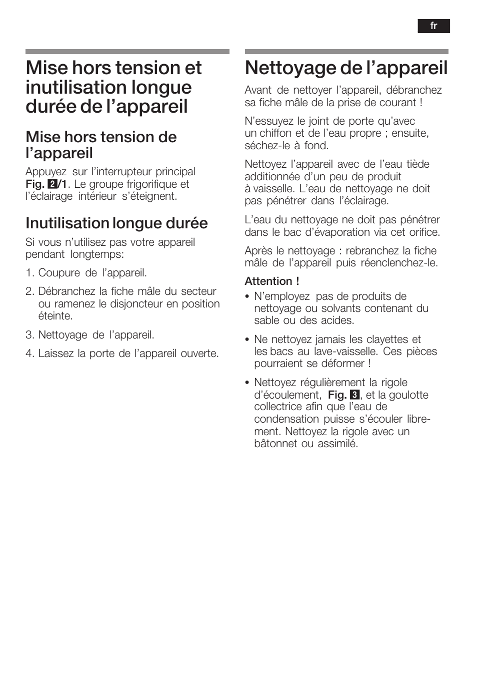 Nettoyage de l'appareil, Mise hors tension de l'appareil, Inutilisation longue durée | Siemens KF18RA60 User Manual | Page 33 / 64
