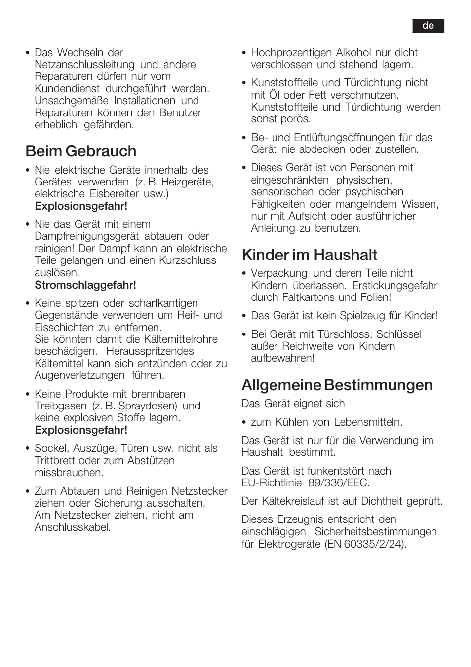 Beim gebrauch, Kinder im haushalt, Allgemeine bestimmungen | Siemens KF18RA60 User Manual | Page 5 / 64