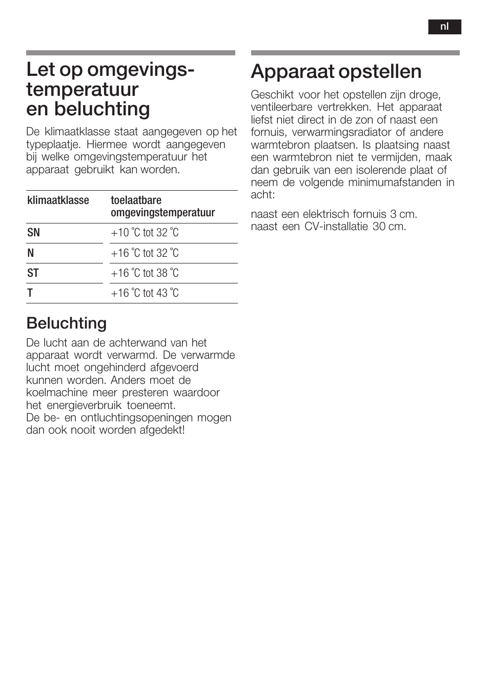 Let op omgevingsć temperatuur en beluchting, Apparaat opstellen, Beluchting | Siemens KF18RA60 User Manual | Page 53 / 64
