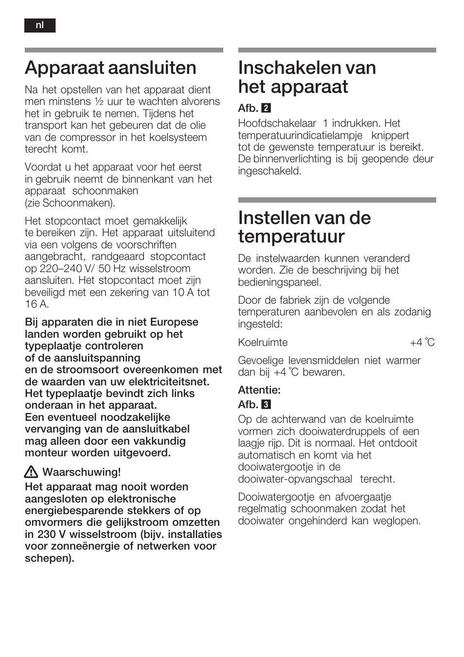 Apparaat aansluiten, Inschakelen van het apparaat, Instellen van de temperatuur | Siemens KF18RA60 User Manual | Page 54 / 64