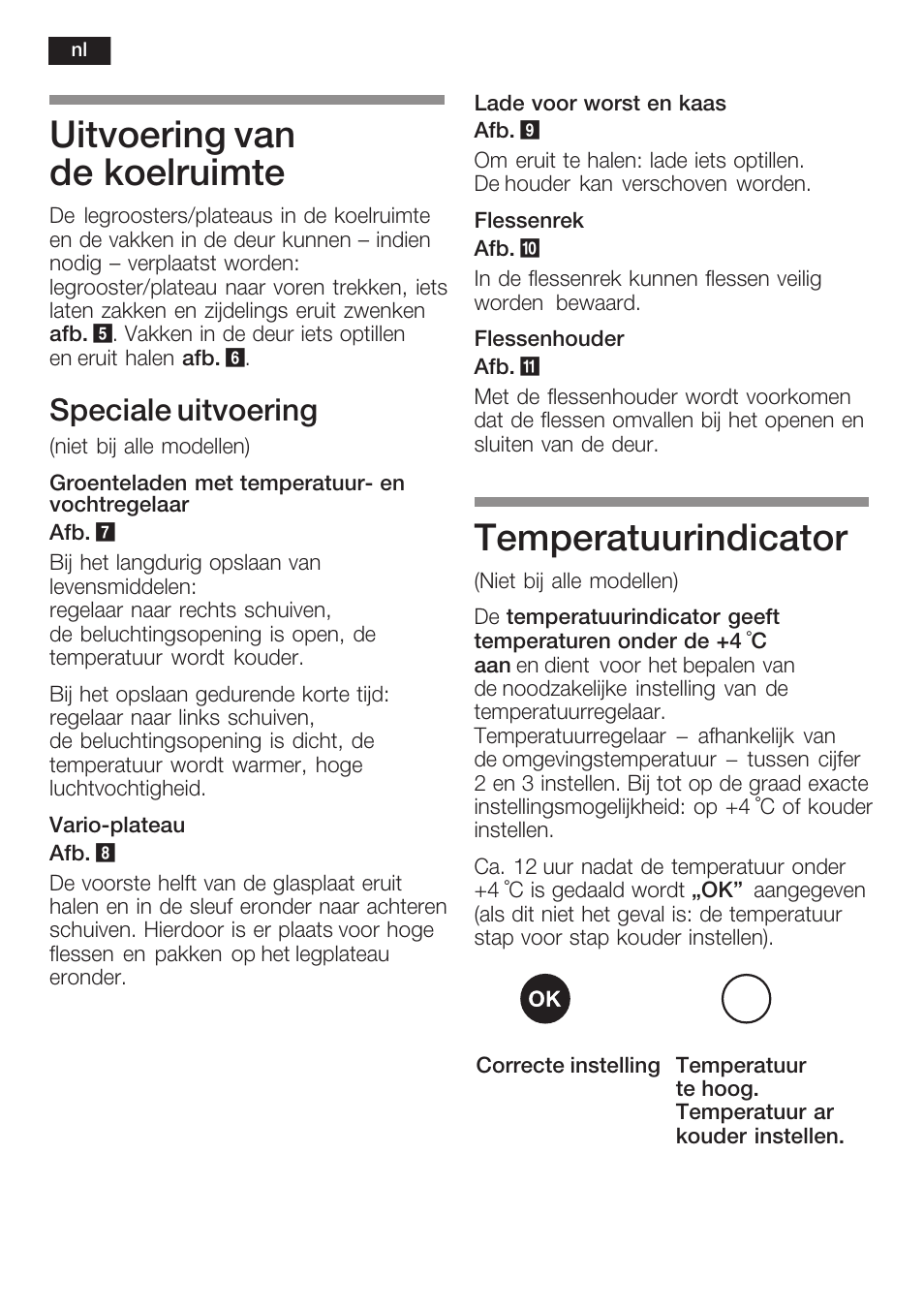 Uitvoering van de koelruimte, Temperatuurindicator, Speciale uitvoering | Siemens KF18RA60 User Manual | Page 56 / 64