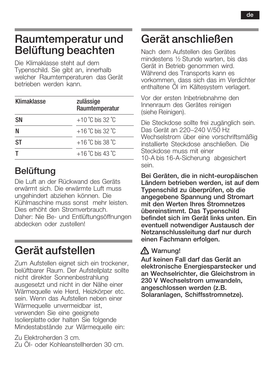 Raumtemperatur und belüftung beachten, Gerät aufstellen, Gerät anschließen | Belüftung | Siemens KF18RA60 User Manual | Page 7 / 64