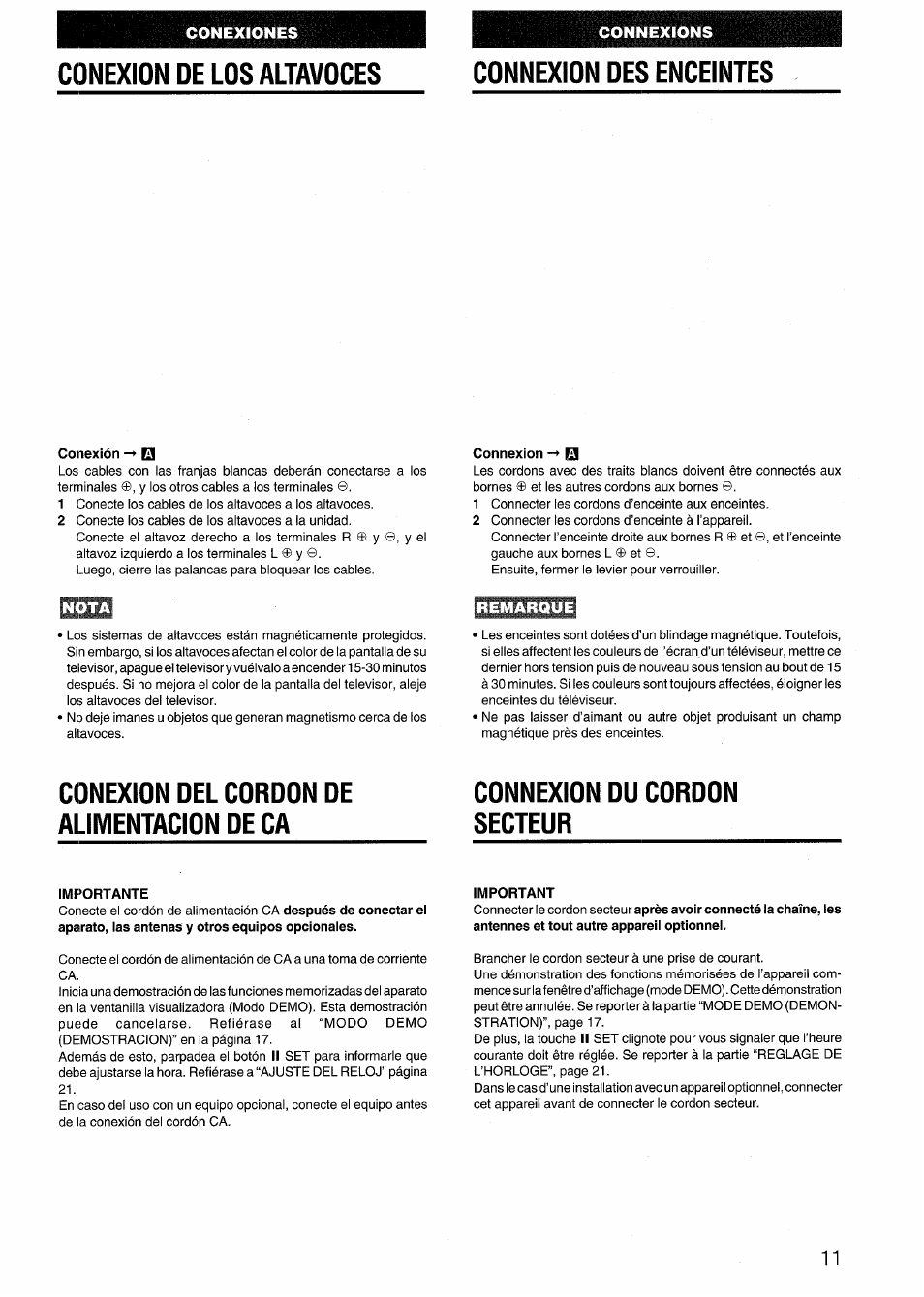 Conexion de los altavoces, Connexion des enceintes, Remarque | Conexion del cordon de alimentacion de ca, Connexion du cordon secteur | Aiwa NSX-999 User Manual | Page 11 / 80