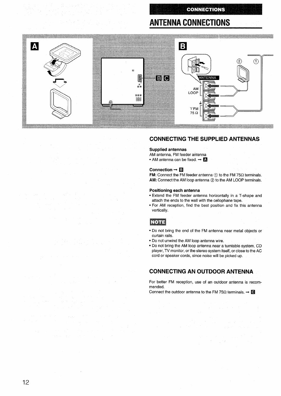 Antenna connections, Connecting the supplied antennas, Supplied antennas | Connection -»0, Positioning each antenna, Note, Connecting an outdoor antenna | Aiwa NSX-999 User Manual | Page 12 / 80
