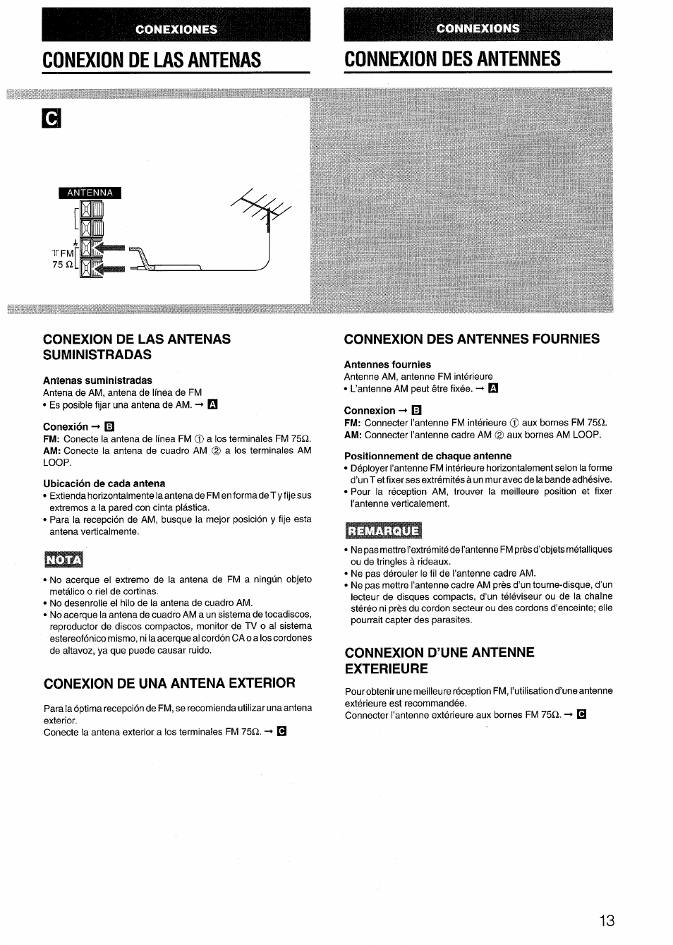 Conexion oe las antenas, Connexion des antennes, Conexion de las antenas suministradas | Antenas suministradas, Conexión, Ubicación de cada antena, Nota, Conexion de una antena exterior, Connexion des antennes fournies, Antennes fournies | Aiwa NSX-999 User Manual | Page 13 / 80