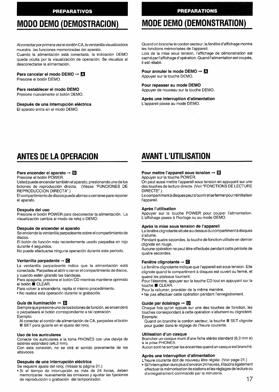Modo demo (demostracion) mode demo (demonstration), Para cancelar el modo demo, Para restablecer el modo demo | Después de una interrupción eléctrica, Pour annuler le mode demo -* m, Pour repasser au mode demo, Après une interruption d’alimentation, Antes de la operacion, Para encender ei aparato -► id, Después del uso | Aiwa NSX-999 User Manual | Page 17 / 80