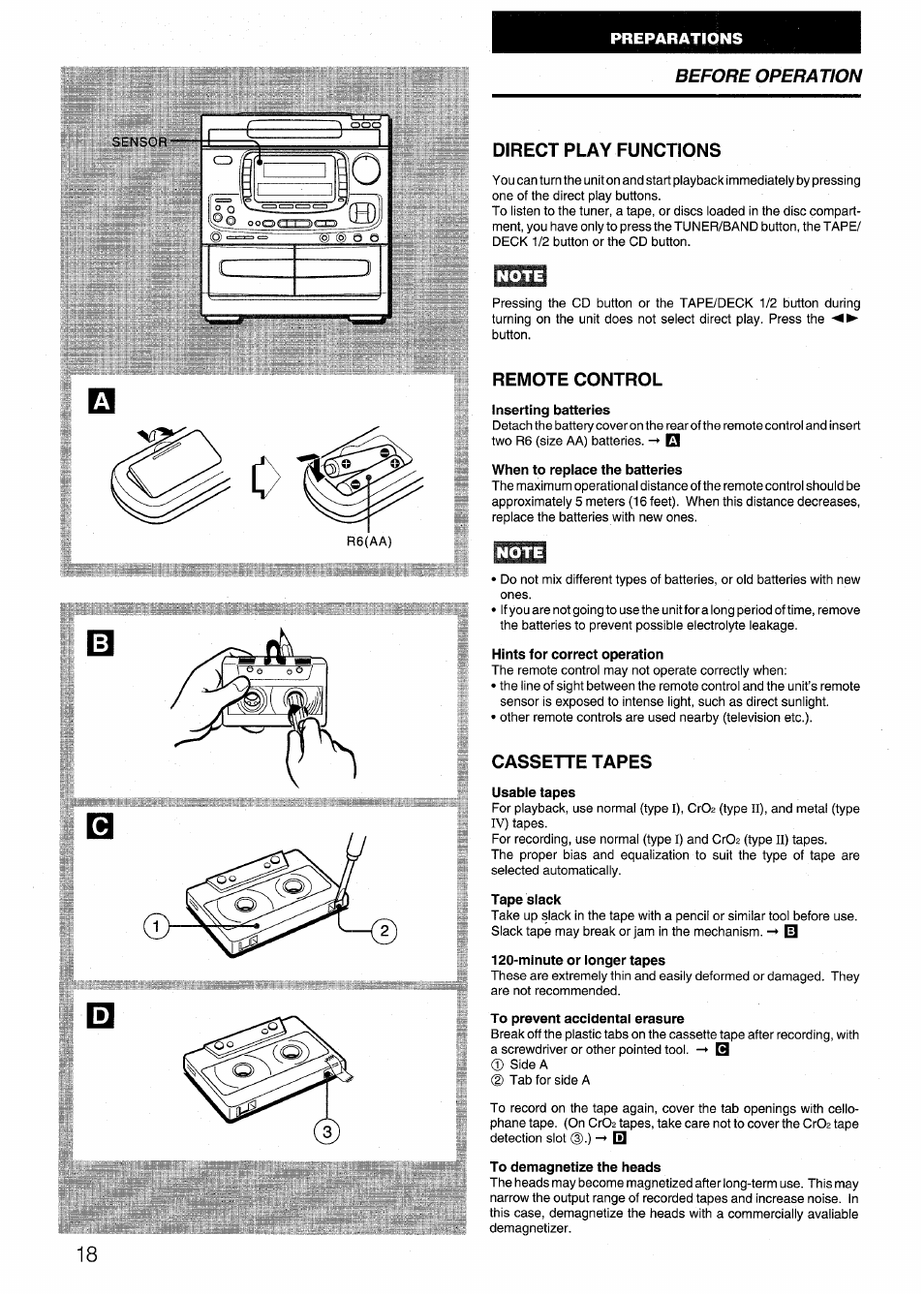 Direct play functions, Note, Remote control | Inserting batteries, When to replace the batteries, Hints for correct operation, Cassette tapes, Usable tapes, Tape slack, Mlnute or longer tapes | Aiwa NSX-999 User Manual | Page 18 / 80