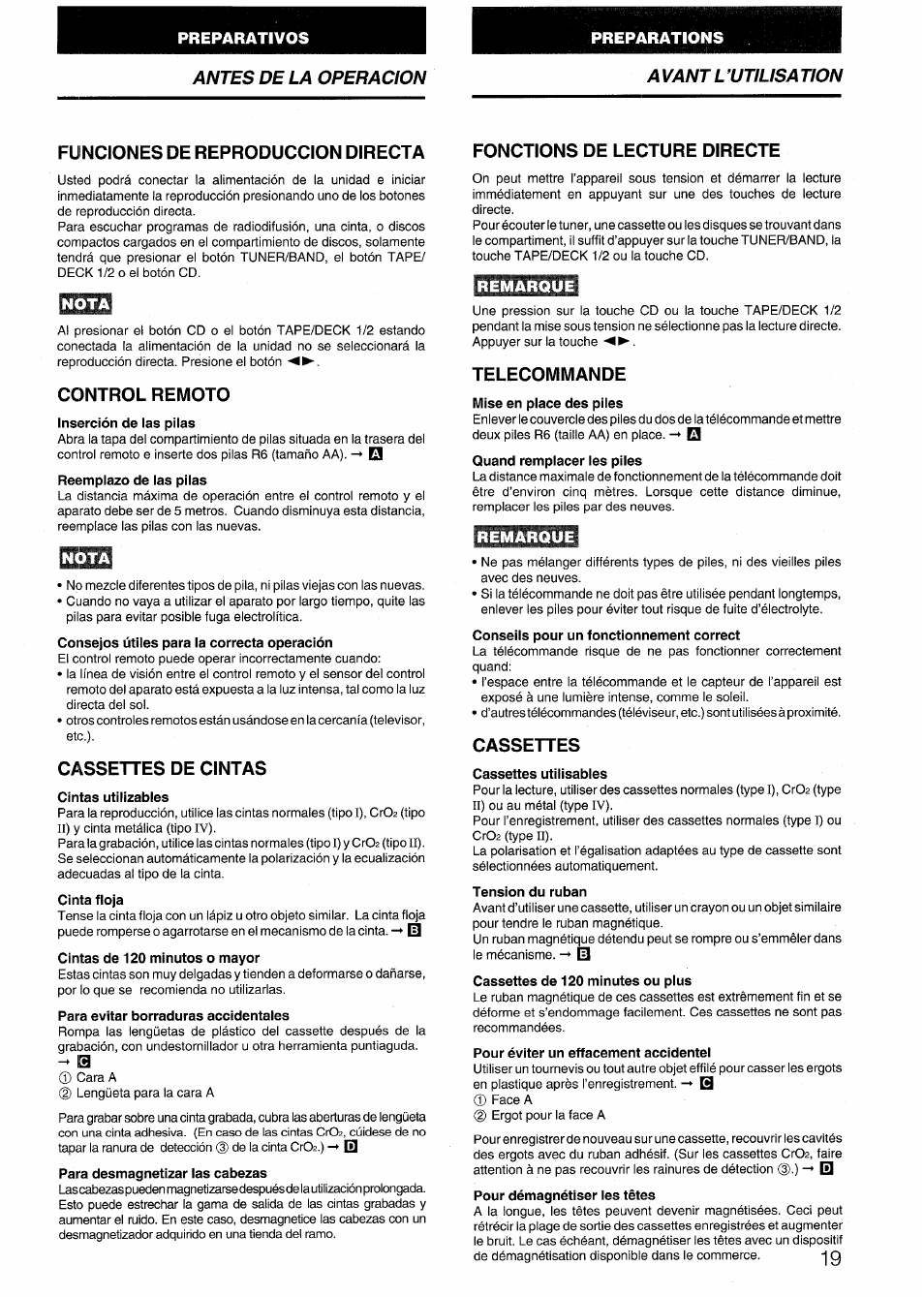 Funciones de reproduccion directa, Nota, Control remoto | Inserción de las pilas, Reemplazo de las pilas, Consejos útiles para la correcta operación, Cassettes de cintas, Cintas utilizables, Cinta floja, Cintas de 120 minutos o mayor | Aiwa NSX-999 User Manual | Page 19 / 80