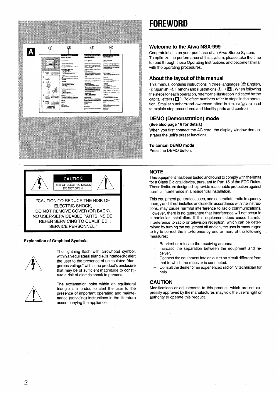 Foreword, Welcome to the aiwa nsx-999, About the layout of this manual | Demo (demonstration) mode, To cancel demo mode, Note, Caution | Aiwa NSX-999 User Manual | Page 2 / 80