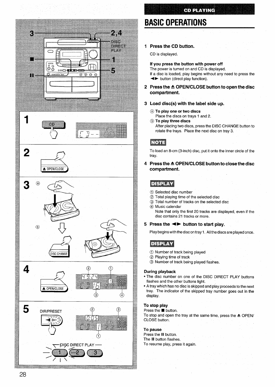 Basic operations, 1 press the cd button, If you press the button with power off | 3 load disc(s) with the iabei side up, Note, Display, 5 press the button to start play, During playback, To stop play, To pause | Aiwa NSX-999 User Manual | Page 28 / 80