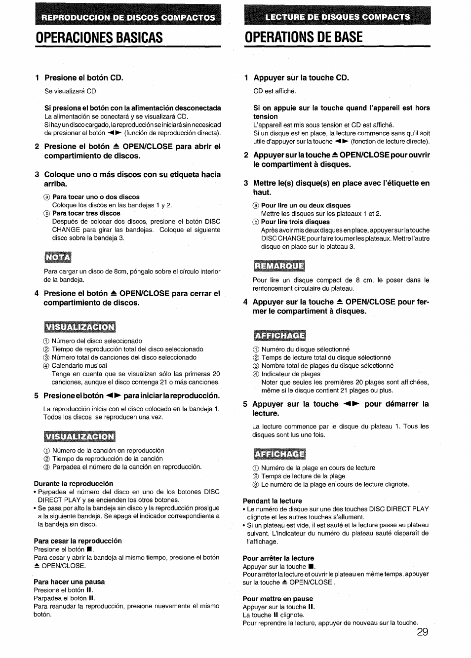 Operaciones basicas, Operations de base, Nota | Visualizacion, Remarque, Affichage, Operaciones basicas operations de base | Aiwa NSX-999 User Manual | Page 29 / 80