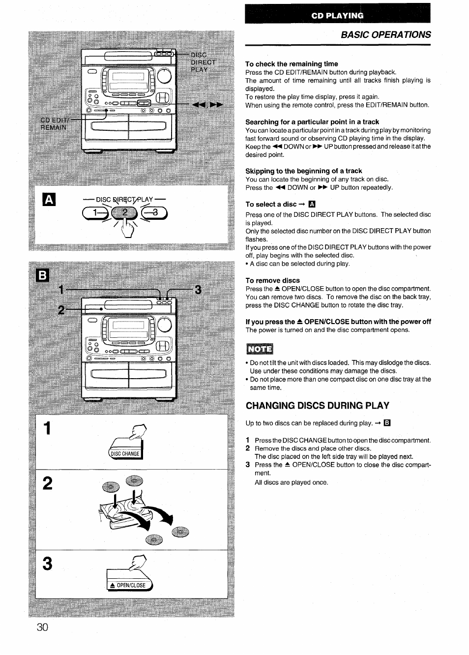 Note, Changing discs during play, Basic operations | Aiwa NSX-999 User Manual | Page 30 / 80