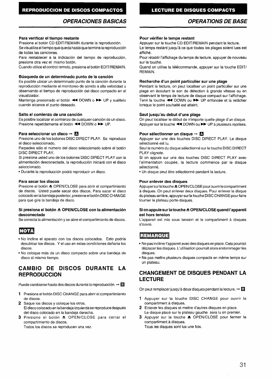 Nota, Cambio de discos durante la reproduccion, Remarque | Changement de disques pendant la lecture, Operaciones basicas operations de base | Aiwa NSX-999 User Manual | Page 31 / 80