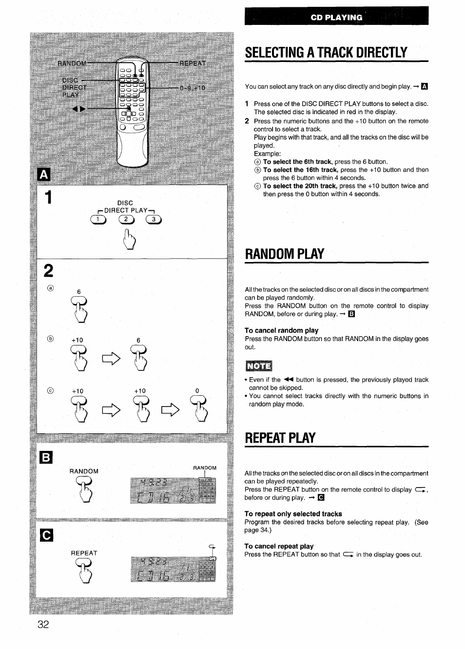 Selecting a track directly, Random play, Note | Repeat play, Random play repeat play | Aiwa NSX-999 User Manual | Page 32 / 80