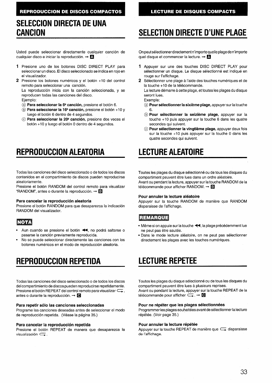Seleccion directa de una cancion, Reprdduccidn aleatdria, Nota | Remarque, Reprdduccidn repetida, Reprdduccidn aleatdria lecture aleatdire, Reprdduccidn repetida lecture repetee | Aiwa NSX-999 User Manual | Page 33 / 80